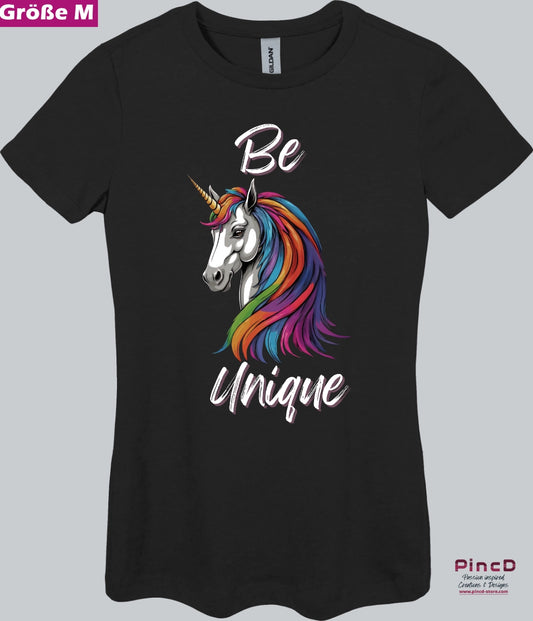 Einhorn T-Shirt Damen mit Spruch „Be Unique“-mit körperbetonten Schnitt