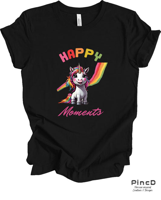Einhorn T-Shirt Damen - Spruch "Happy Moments"-T-Shirt-Black