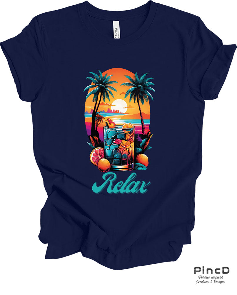 Sommer T-Shirt Herren - Sonnenuntergang mit Spruch "Relax"-T-Shirt-Navy-Blue