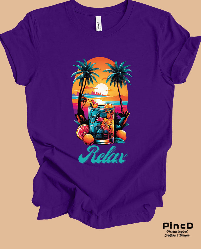 Sommer T-Shirt Herren - Sonnenuntergang mit Spruch "Relax"-T-Shirt-Royal-Purple