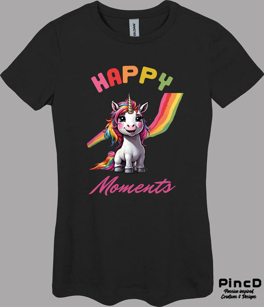 Einhorn T-Shirt Damen - Lustiges & Süßes Einhorn mit Spruch "Happy Moments"- mit körperbetonten Schnitt