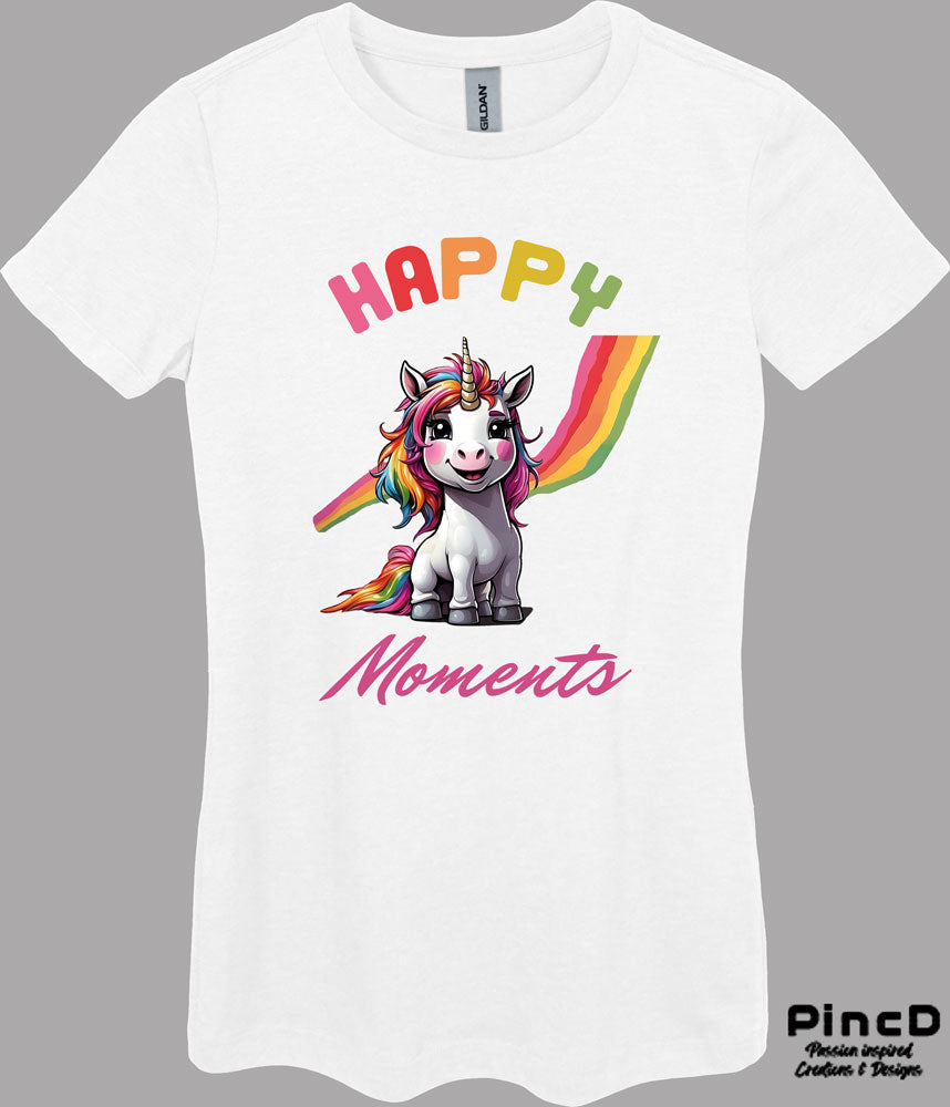Einhorn T-Shirt Damen - Lustiges & Süßes Einhorn mit Spruch "Happy Moments"- mit körperbetonten Schnitt