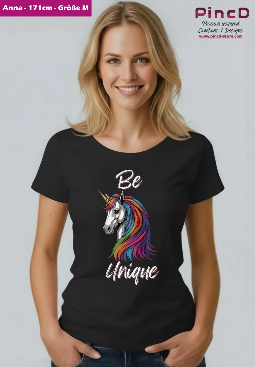 Einhorn T-Shirt Damen mit Spruch „Be Unique“-Gildan64000L