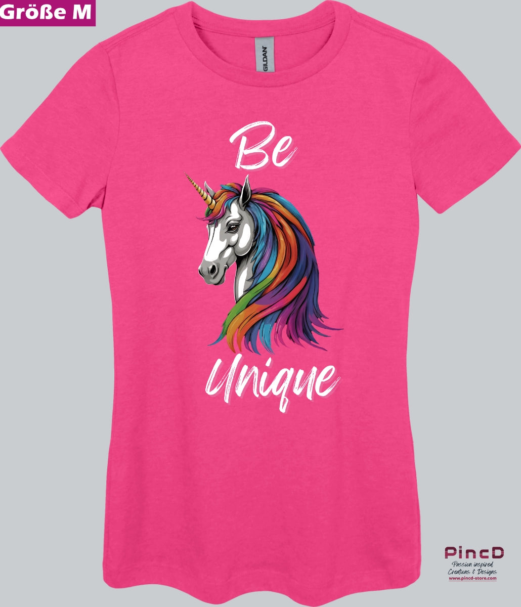 Einhorn T-Shirt Damen mit  Spruch „Be Unique“-mit körperbetonten Schnitt
