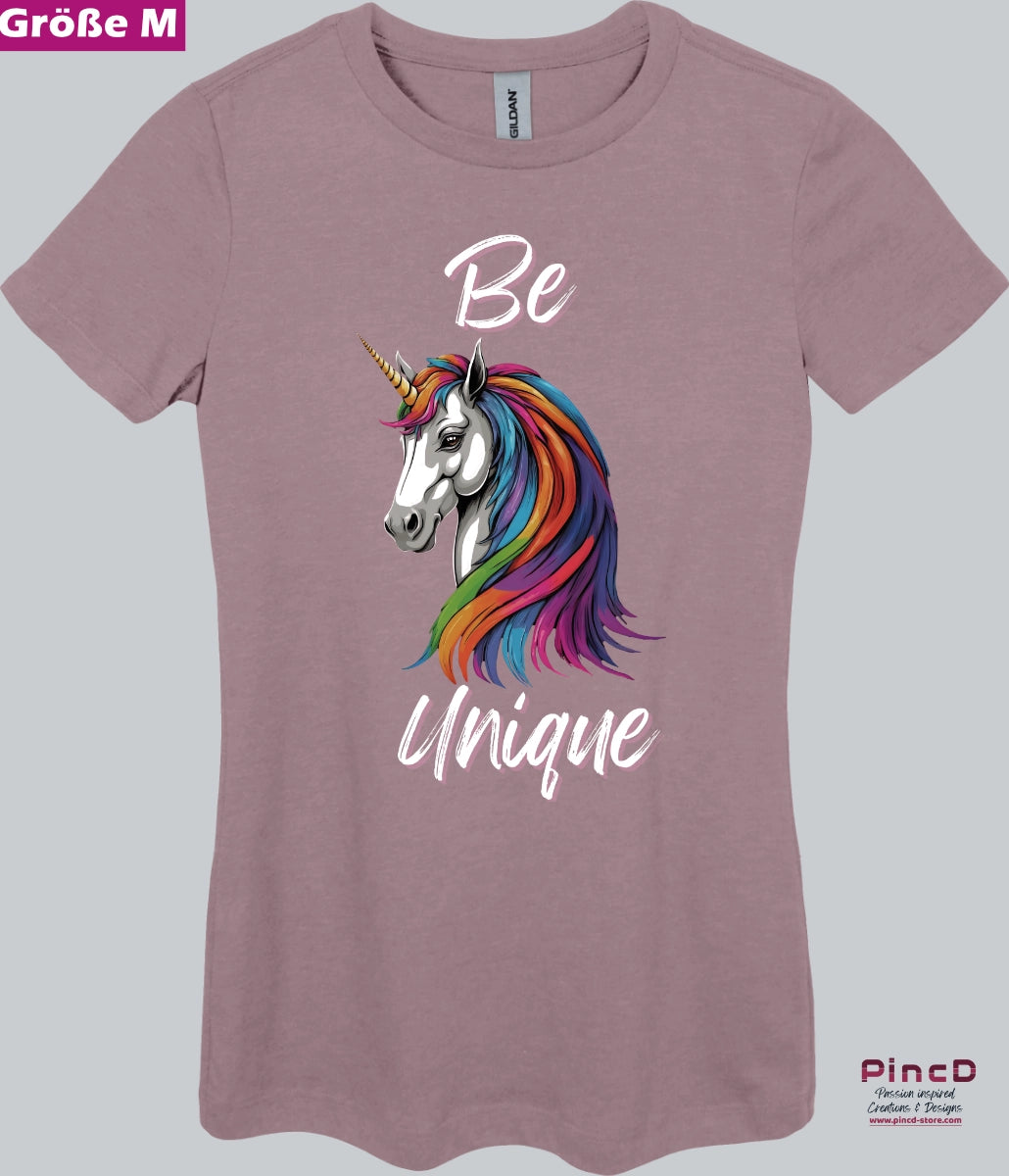 Einhorn T-Shirt Damen mit  Spruch „Be Unique“-mit körperbetonten Schnitt