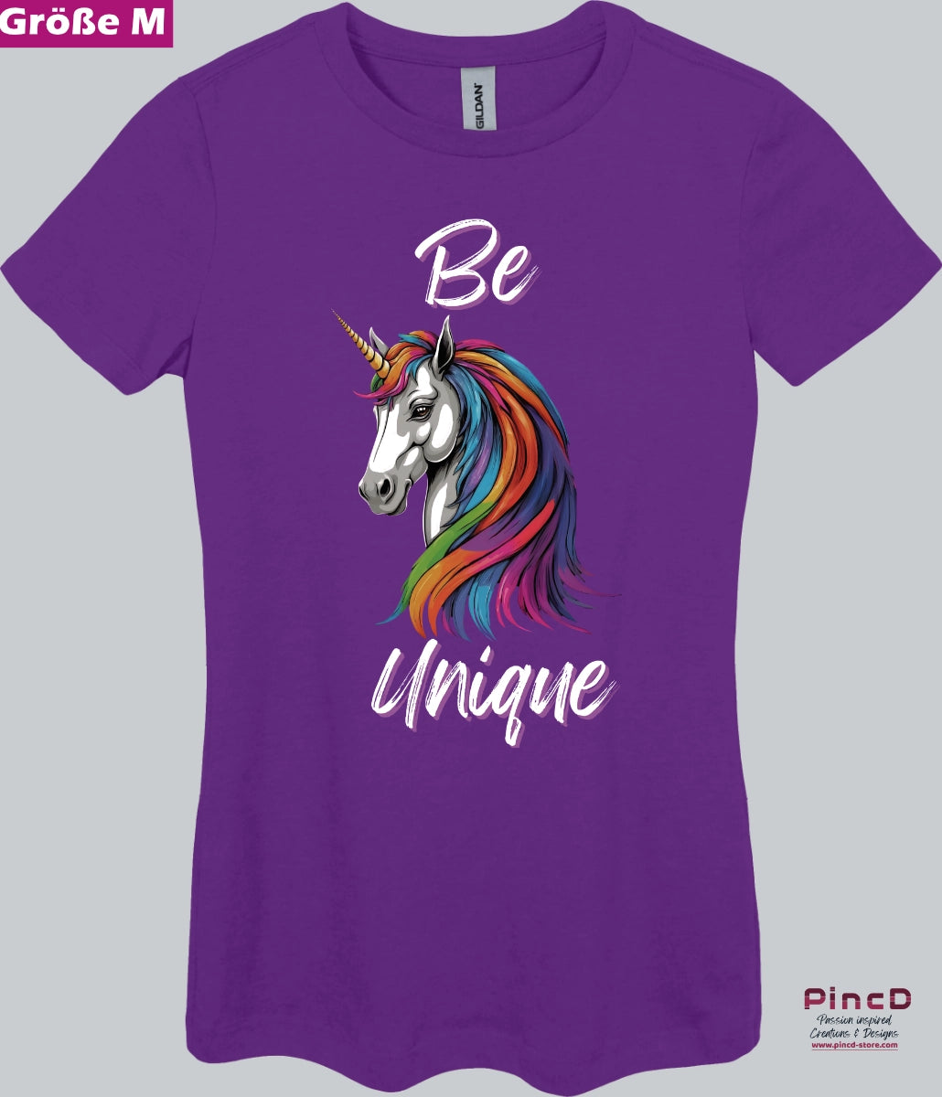 Einhorn T-Shirt Damen mit  Spruch „Be Unique“-mit körperbetonten Schnitt