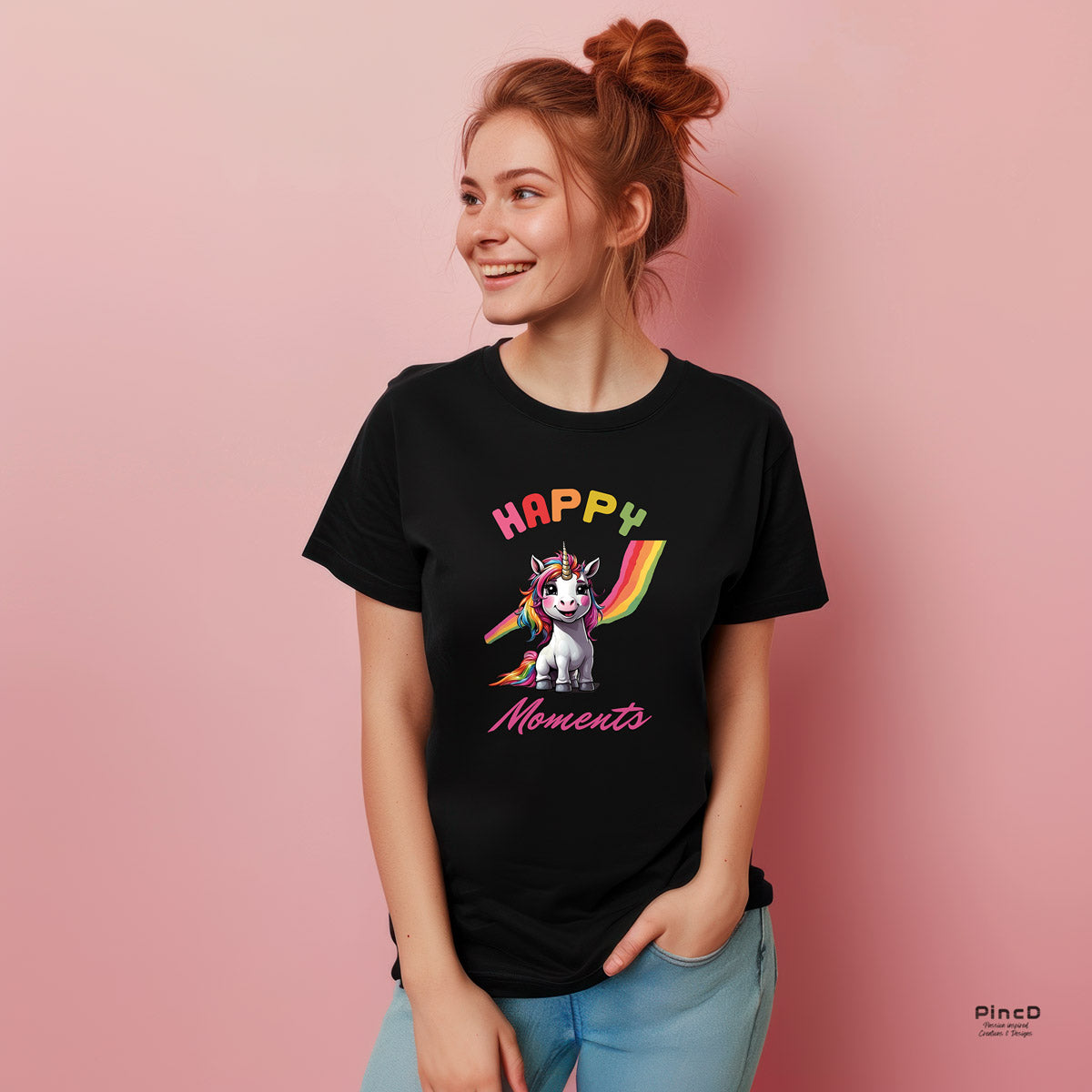 Einhorn T-Shirt Damen - Spruch "Happy Moments"