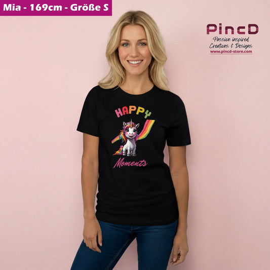 Einhorn T-Shirt Damen - Spruch "Happy Moments"-V2