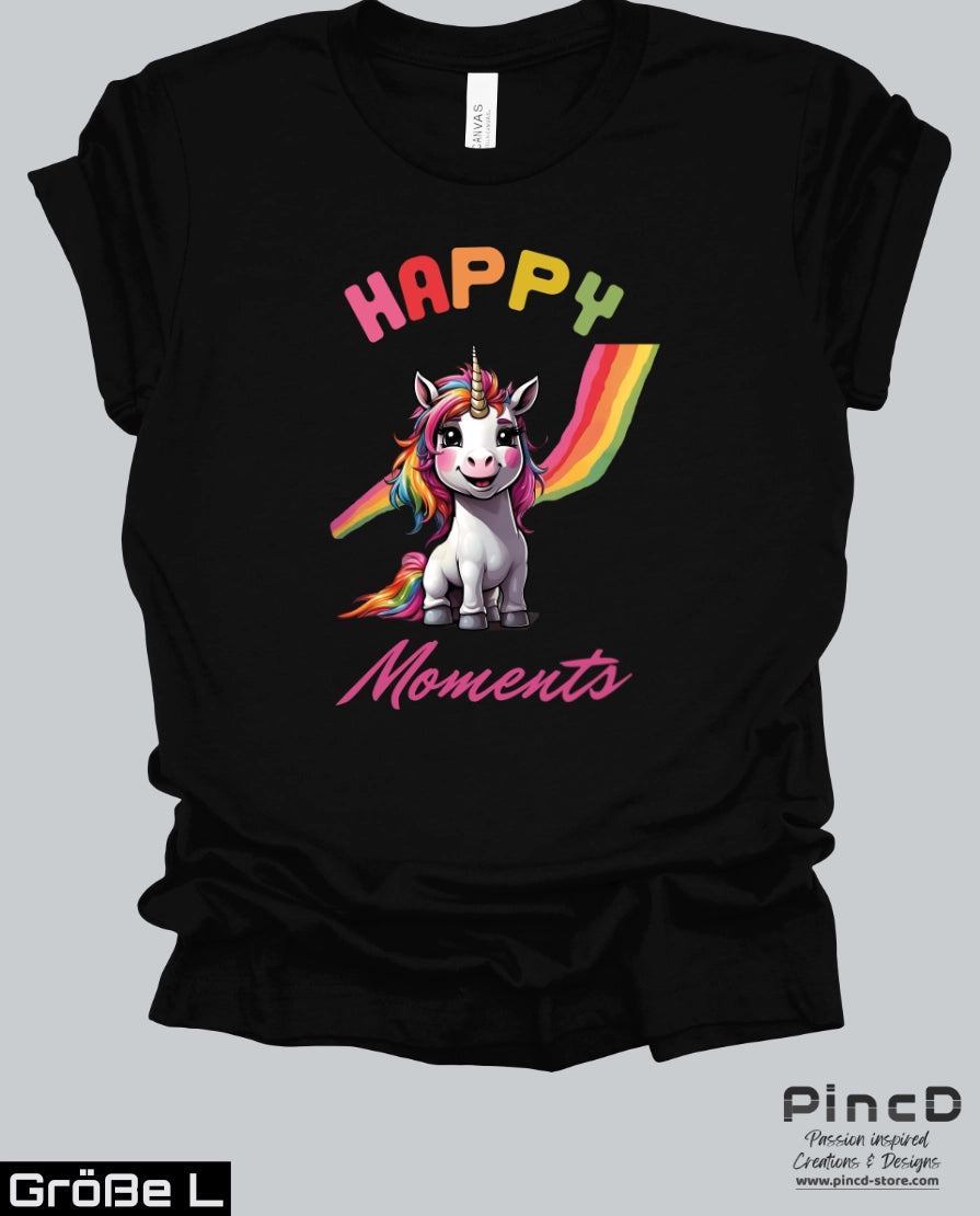 Einhorn T-Shirt Damen - Spruch "Happy Moments"