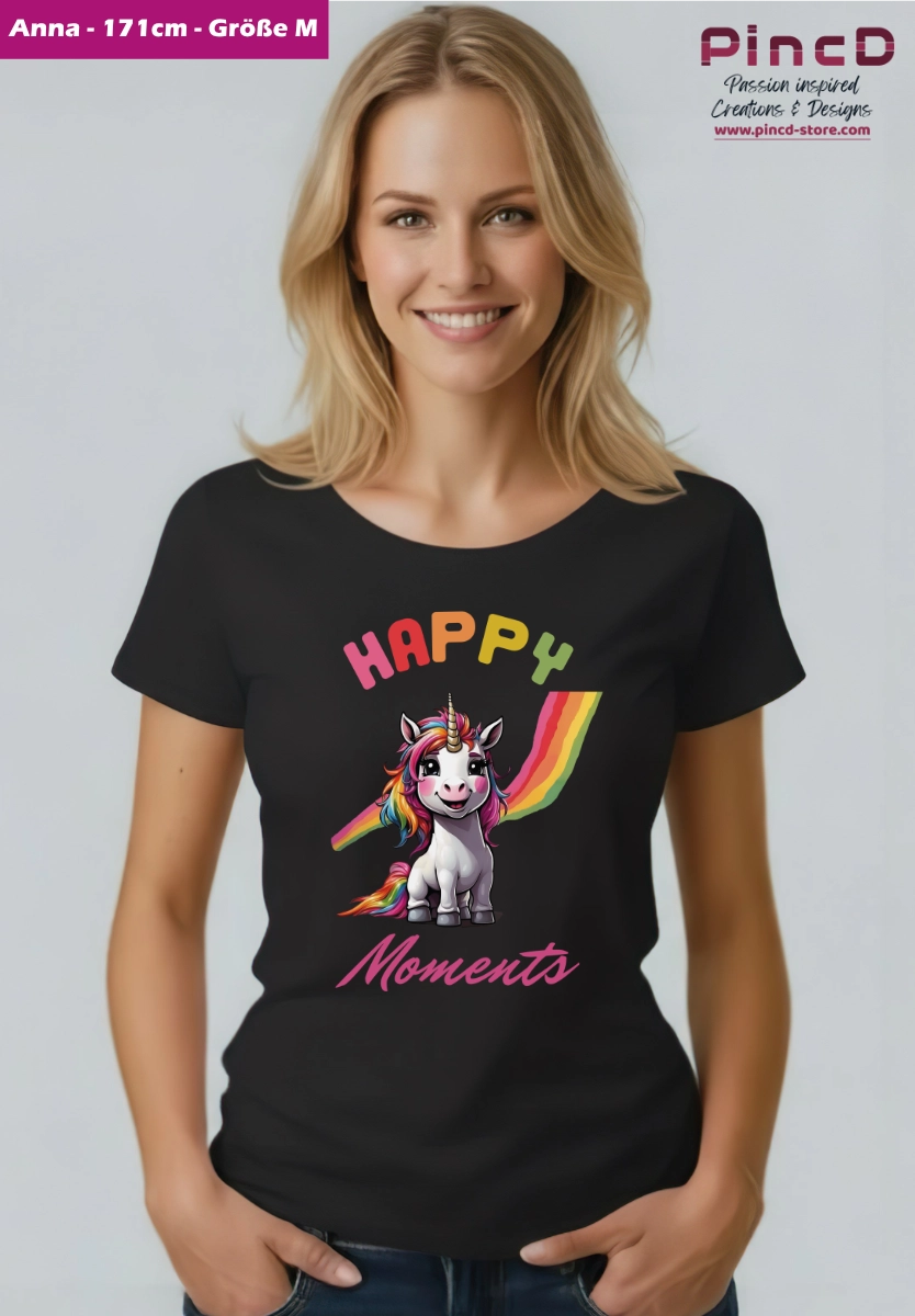 Einhorn T-Shirt Damen - Lustiges & Süßes Einhorn mit Spruch "Happy Moments"- mit körperbetonten Schnitt