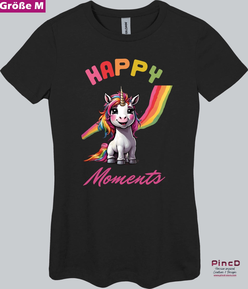 Einhorn T-Shirt Damen - Lustiges & Süßes Einhorn mit Spruch "Happy Moments"- mit körperbetonten Schnitt