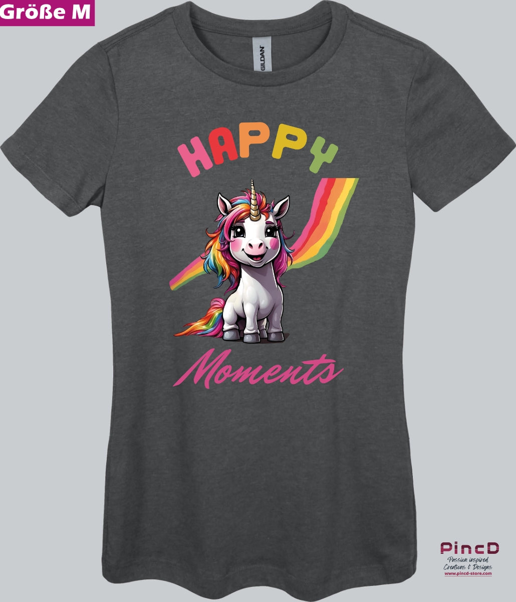 Einhorn T-Shirt Damen - Lustiges & Süßes Einhorn mit Spruch "Happy Moments"- mit körperbetonten Schnitt