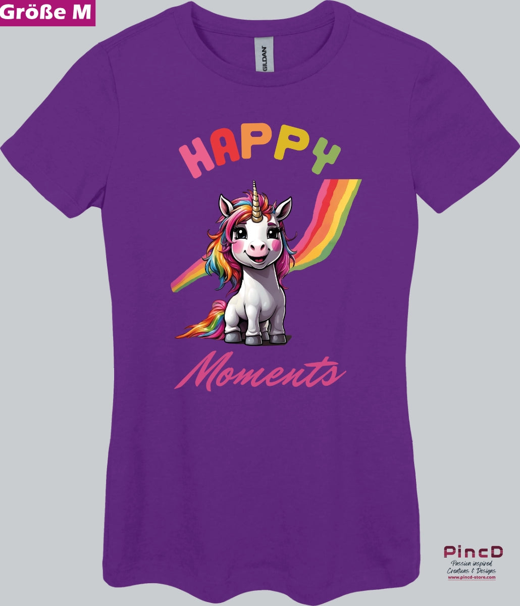 Einhorn T-Shirt Damen - Lustiges & Süßes Einhorn mit Spruch "Happy Moments"- mit körperbetonten Schnitt