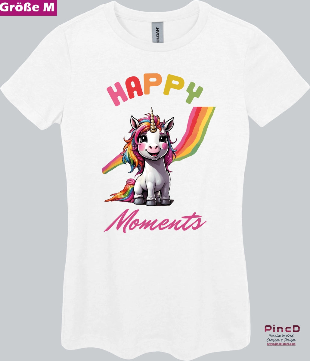 Einhorn T-Shirt Damen - Lustiges & Süßes Einhorn mit Spruch "Happy Moments"- mit körperbetonten Schnitt